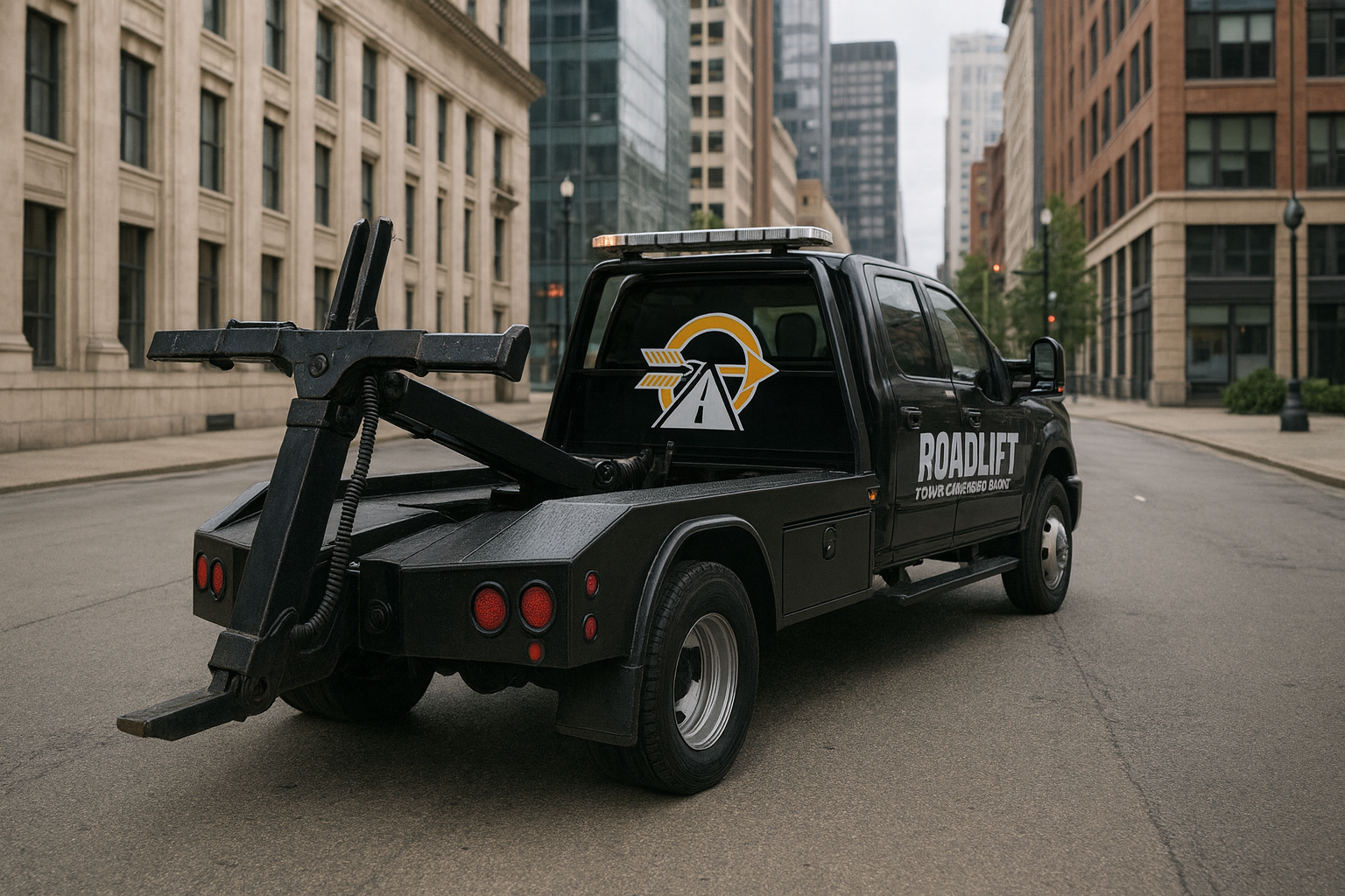Wheel-lift tow truck from Roadlift Towing and Recovery parked on a city street for light-duty towing services.